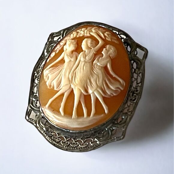 Vintage Silver Three Graces Shell Cameo Filigree Pin Pendant 3 Muses Brooch - Picture 1 of 6